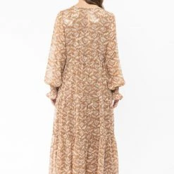 Seeking Lola Fashion Mia Caramel Leaves Blouson Sleeve Tiered Maxi Dress