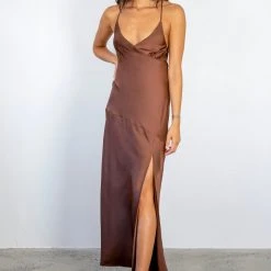 Among The Brave Fashion Slinky Chocolate Satin Strappy Crossover Tie Back Bias Midi Dress