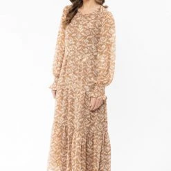 Seeking Lola Fashion Mia Caramel Leaves Blouson Sleeve Tiered Maxi Dress