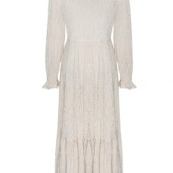 Ivy + Jack Effortless Ecru Shirred Blouson LS Maxi Tiered Dress