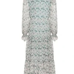 Ivy + Jack Effortless Emerald Leaf Blouson LS Maxi Tiered Dress Fashion