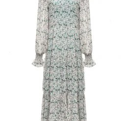 Ivy + Jack Effortless Emerald Leaf Blouson LS Maxi Tiered Dress Fashion