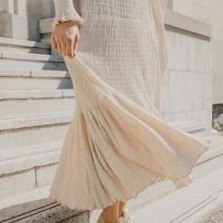 Ivy + Jack Effortless Ecru Shirred Blouson LS Maxi Tiered Dress