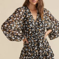 Mink Pink Elena Black Multi Print V Neck Balloon Sleeve Mini Dress