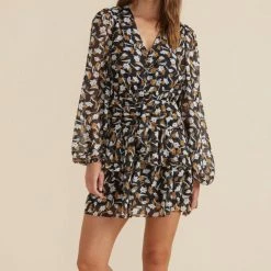 Mink Pink Elena Black Multi Print V Neck Balloon Sleeve Mini Dress