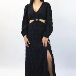Ivy + Jack Skyler Black Shirred Cotton LS V Neck Waist Cut Out Maxi Dress Fashion 10 Ivy + Jack Skyler Black Shirred Cotton LS V Neck Waist Cut Out Maxi Dress Fashion
