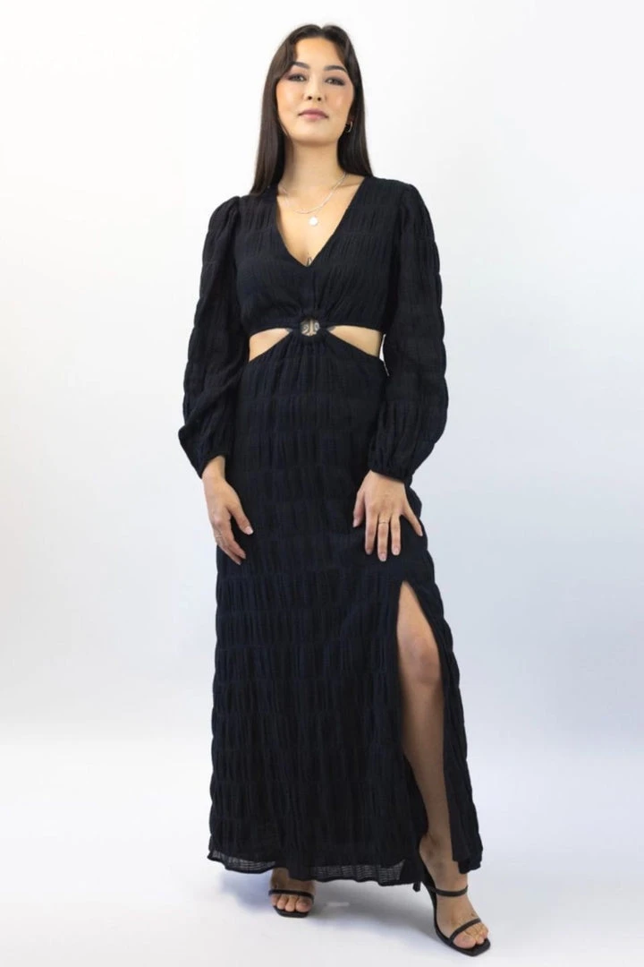 Ivy + Jack Skyler Black Shirred Cotton LS V Neck Waist Cut Out Maxi Dress Fashion 5 Ivy + Jack Skyler Black Shirred Cotton LS V Neck Waist Cut Out Maxi Dress Fashion