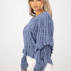 Among The Brave Izzy Ocean LS Ruffle Sleeve Cotton Textured Top Fashion