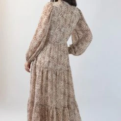 Ivy + Jack Fashion Remi Natural Animal LS Frill V Neck Maxi Shirt Dress