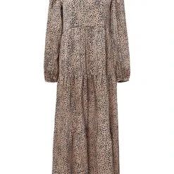 Ivy + Jack Gigi Tan Mini Satin Leopard Blouson LS Tiered Maxi Dress