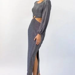 Among The Brave Galaxy Silver Shimmer Cut Away LS Balloon Sleeve Ring Midi Dress