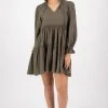 Ivy + Jack Billie Khaki Cotton LS Frill V Neck Tiered Mini Dress