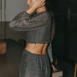 Among The Brave Galaxy Silver Shimmer Cut Away LS Balloon Sleeve Ring Midi Dress