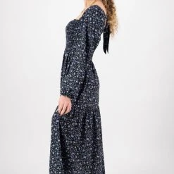 Among The Brave Fashion Alana Blue Floral Tie Back LS Shirred Body Tiered Dress