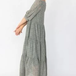 Among The Brave Lucid Khaki Ditsy Print Puff Sleeve Tiered Maxi Dress