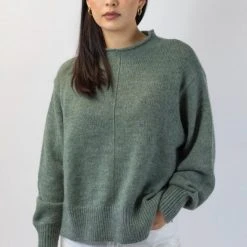 Among The Brave Famous Soft Khaki Mohair Blend Boxy Funnel Neck Knit Fashion