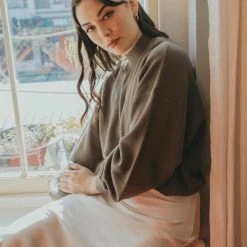 Ivy + Jack Fashion Motivation Khaki Cotton Fine Gauge Balloon High Neck Knit