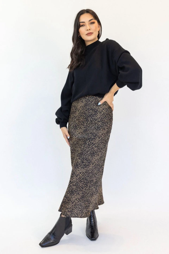 Ivy + Jack Fashion Ivy Black Mini Leopard Satin Midi Bias Skirt 3 Ivy + Jack Fashion Ivy Black Mini Leopard Satin Midi Bias Skirt