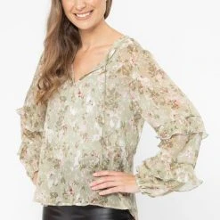 Seeking Lola Fashion Happily Ever After Sage Floral Frill LS Top