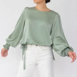 Among The Brave Fashion Violet Sea Foam LS Shirred Cuff Tie Hem Satin Top