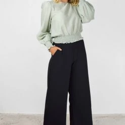 Among The Brave Fashion Pure Sage Crinkle LS Puff Sleeve Shirred Hem Top