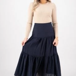 Among The Brave Blazing Navy Tiered Linen Midi Skirt Fashion
