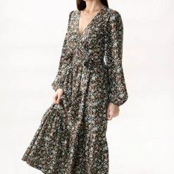 Among The Brave Ocean Dark Khaki Floral Wrap Tiered LS Maxi Dress