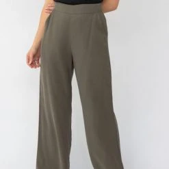 Among The Brave Effortless Khaki Viscose Deep Band Wide Leg Pant Fashion