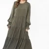 Seeking Lola Fashion Mia Khaki Satin Blouson Sleeve Tiered Maxi Dress
