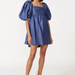 Flo & Frankie Sales Store 13 Aureta Lacey Puff Sleeve Midnight Blue Mini Dress