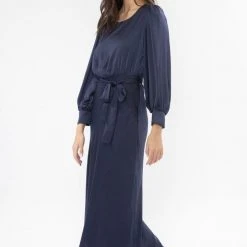 Leila + Luca Fashion Whimsical Navy Satin Tie Waist LS Maxi Dress