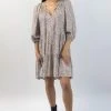 Among The Brave Gemini Chocolate Ditsy Animal Puff Mid Sleeve Button Front Tiered Mini Dress Fashion