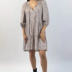 Flo & Frankie Sales Store 17 Among The Brave Gemini Chocolate Ditsy Animal Puff Mid Sleeve Button Front Tiered Mini Dress Fashion