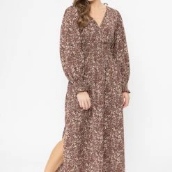 Billie The Label Skilful Brown Floral Shirred Waist LS Maxi Dress