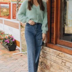 Among The Brave Fashion Tender Sage Fluffy Blousen Sleeve Cropped Cardigan