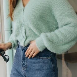 Among The Brave Fashion Tender Sage Fluffy Blousen Sleeve Cropped Cardigan