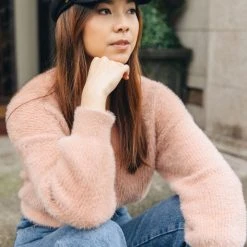 Among The Brave Fashion Tender Toffee Eyelash Yarn Blouson Sleeve Knit Cardigan