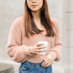 Among The Brave Fashion Tender Toffee Eyelash Yarn Blouson Sleeve Knit Cardigan