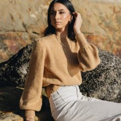 Among The Brave Zesty Old Gold Mohair Blend Balloon Sleeve High Neck Cropped Knit