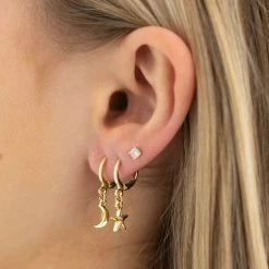 Flo Gives Back 15% To Women In Need Moon And Star Gold Huggie Earrings Accessories