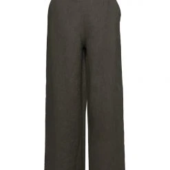 Among The Brave Freedom Dark Khaki Flat Front Deep Waistband Wide Leg Linen Pant Fashion