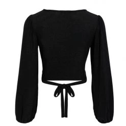 Among The Brave Full Moon Black Shimmer LS Puff Sleeve Plunge Ring Crop Top