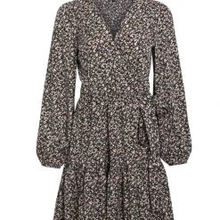 Among The Brave Full Of Life Black Ditsy Floral LS Balloon Sleeve Wrap Tiered Mini Dress Fashion