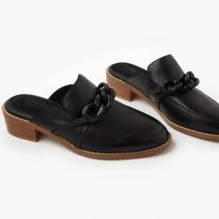 Walnut Gabriel Black Leather Mule With Chain Detail Accessories