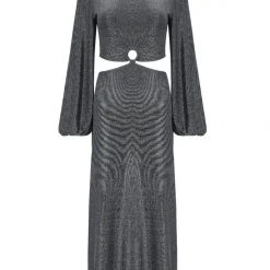 Among The Brave Galaxy Silver Shimmer Cut Away LS Balloon Sleeve Ring Midi Dress