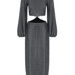 Among The Brave Galaxy Silver Shimmer Cut Away LS Balloon Sleeve Ring Midi Dress