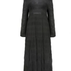 Ivy + Jack Fashion Gigi Black Shirred Cotton Blouson LS Tiered Maxi Dress