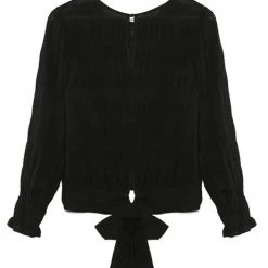 Ivy + Jack Grace Black Shirred Cotton LS Back Hem Tie Top Fashion