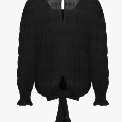 Ivy + Jack Grace Black Shirred Cotton LS Back Hem Tie Top Fashion