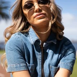 Reality Eyewear Accessories Helenski Small Oval Metal Frame Thin Gold With Green Lens Sunglasses